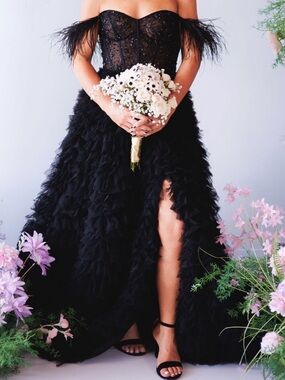 Black Feathered Off-Shoulder Evening Gown